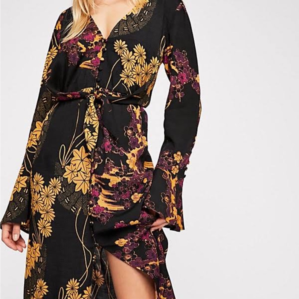 Free People like new black floral print front tie maxi dress
